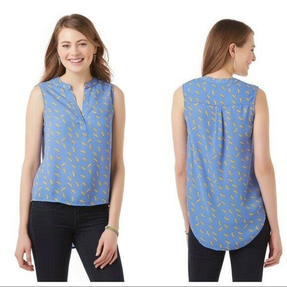 Bongo Bananas Sleeveless Top M 100% Polyester Blue Yellow V Neck